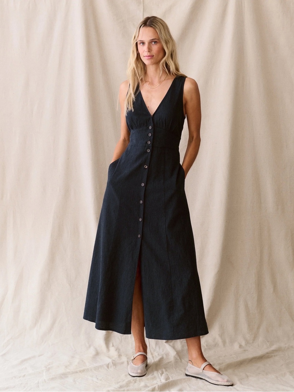 Marine Layer Camila Denim Blue Maxi Dress Sleeveless V Neck XS